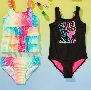 NWT 2 Justice 'Ring Pop' Black One-Piece Swimsuit & Tankini Set Large 12/14